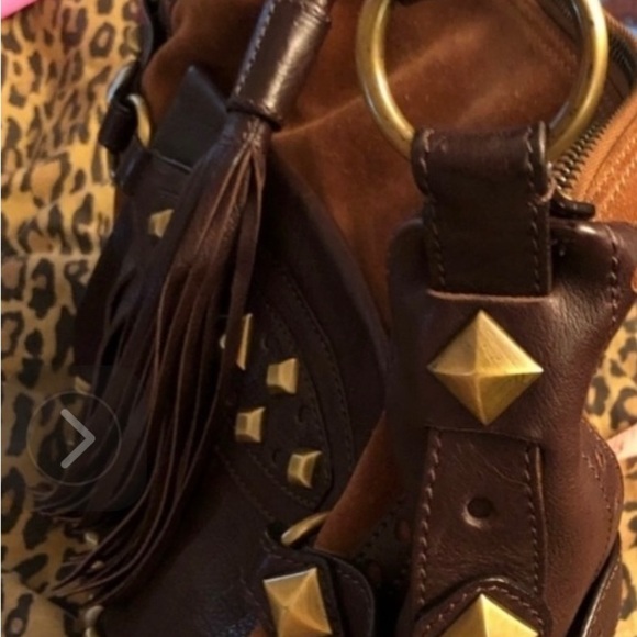 Micheal Kors size X- large brown suede bag brass studded leather fringe - Picture 14 of 16